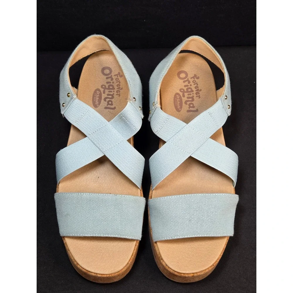 Dr. Scholls Forever Original Light Blue Cork Platform Wedge Sandals Womens‎ 9m